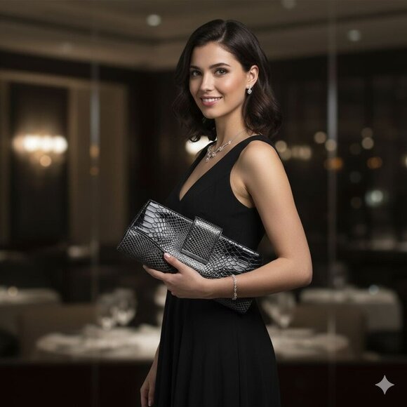 Faux Leather Croc Embossed Clutch Kiss Lock Silver Hardware 10.5"x5" - Picture 4 of 7